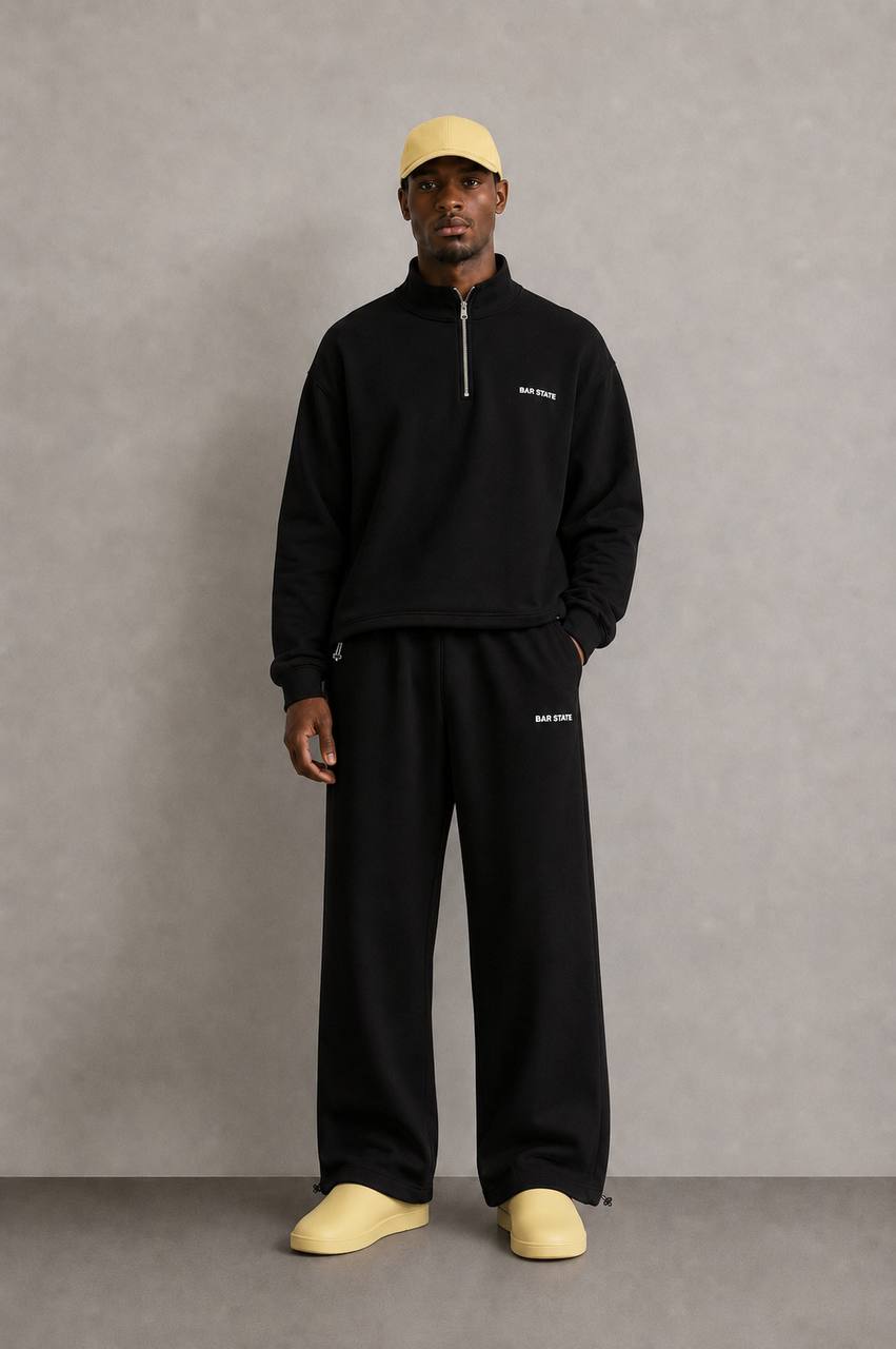 BAR STATE Set – Half Zip + Wide Pants / Black – סט חצי רוכסן ומכנסיים רחבים בצבע שחור | MIDLÉEZ