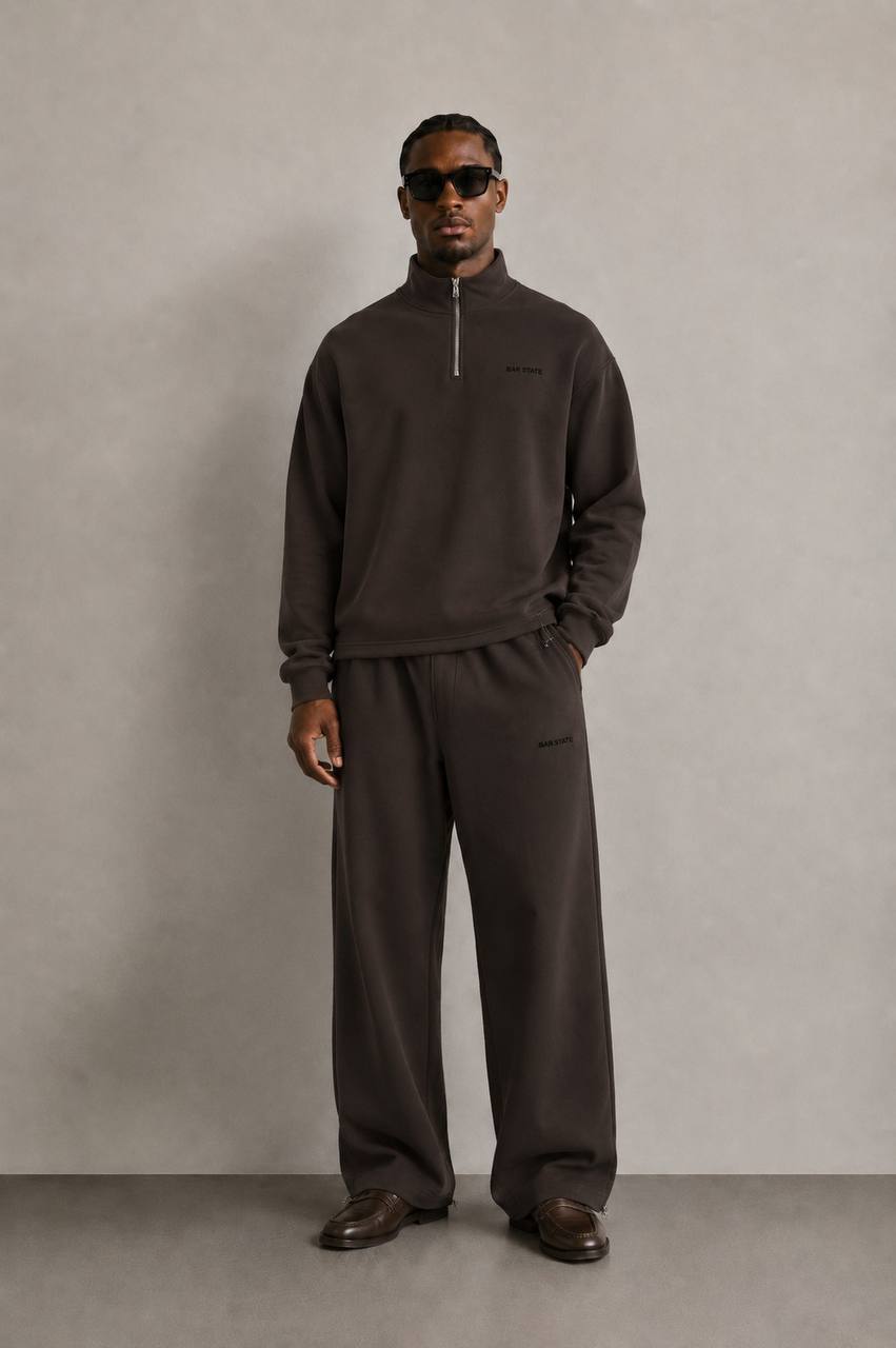 BAR STATE Set – Half Zip + Wide Pants / Washed Brown – סט חצי רוכסן ומכנסיים רחבים בצבע חום משופשף | MIDLÉEZ